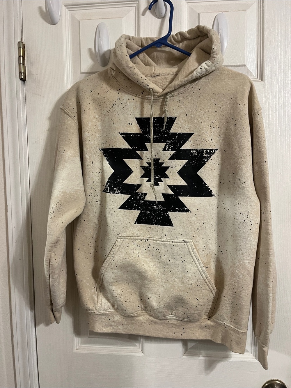 Women’s Beige Pullover Hoodie with Black Aztec Graphic